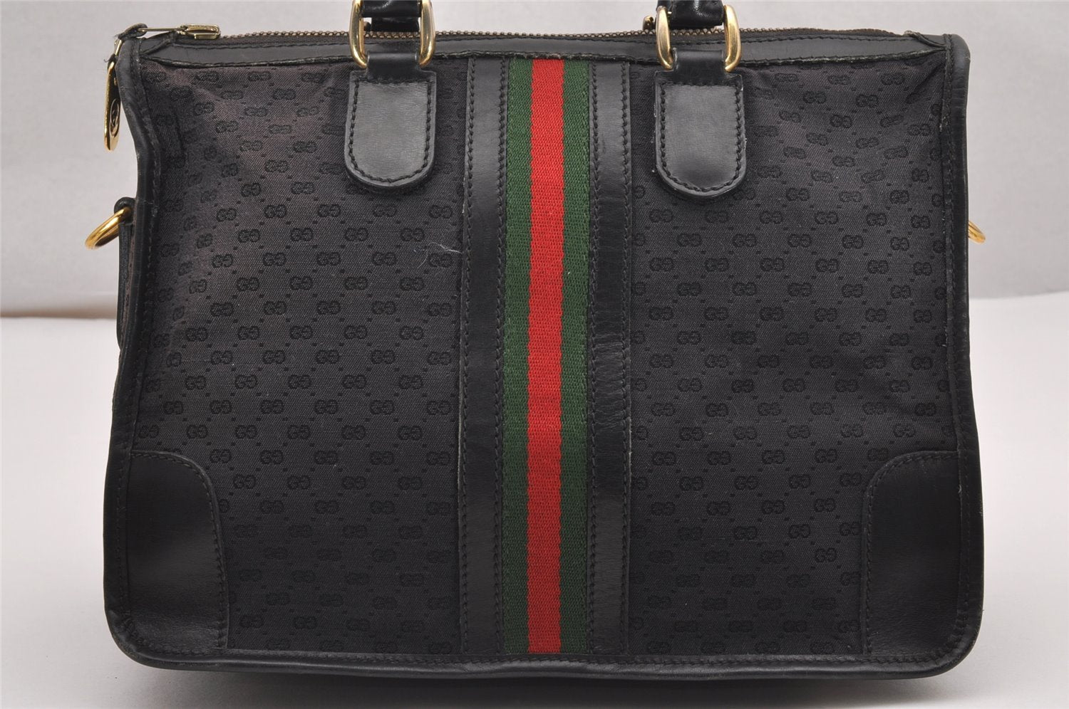 Auth GUCCI Web Sherry Line Micro GG Canvas Leather 2Way Hand Bag Black 0519J