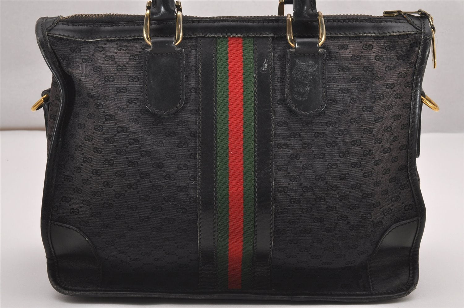 Auth GUCCI Web Sherry Line Micro GG Canvas Leather 2Way Hand Bag Black 0519J