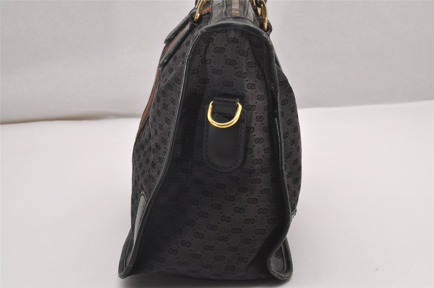 Auth GUCCI Web Sherry Line Micro GG Canvas Leather 2Way Hand Bag Black 0519J