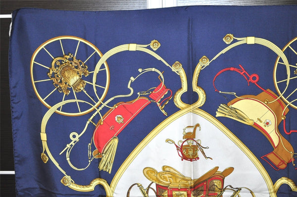 Authentic HERMES Carre 90 Scarf "SPRINGS" Silk Navy 0519K