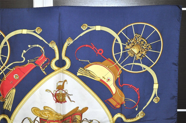 Authentic HERMES Carre 90 Scarf "SPRINGS" Silk Navy 0519K