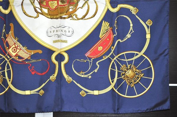 Authentic HERMES Carre 90 Scarf "SPRINGS" Silk Navy 0519K