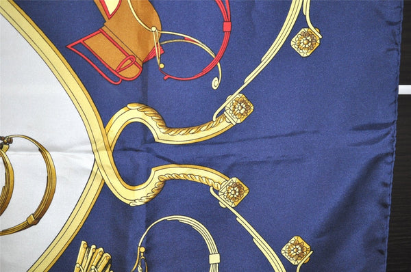 Authentic HERMES Carre 90 Scarf "SPRINGS" Silk Navy 0519K