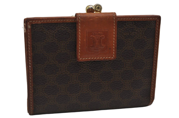 Authentic CELINE Macadam Blason Pattern Bifold Wallet PVC Leather Brown 0525K