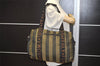 Authentic FENDI Pequin Hand Boston Bag Purse Nylon Leather Brown Black 0530K