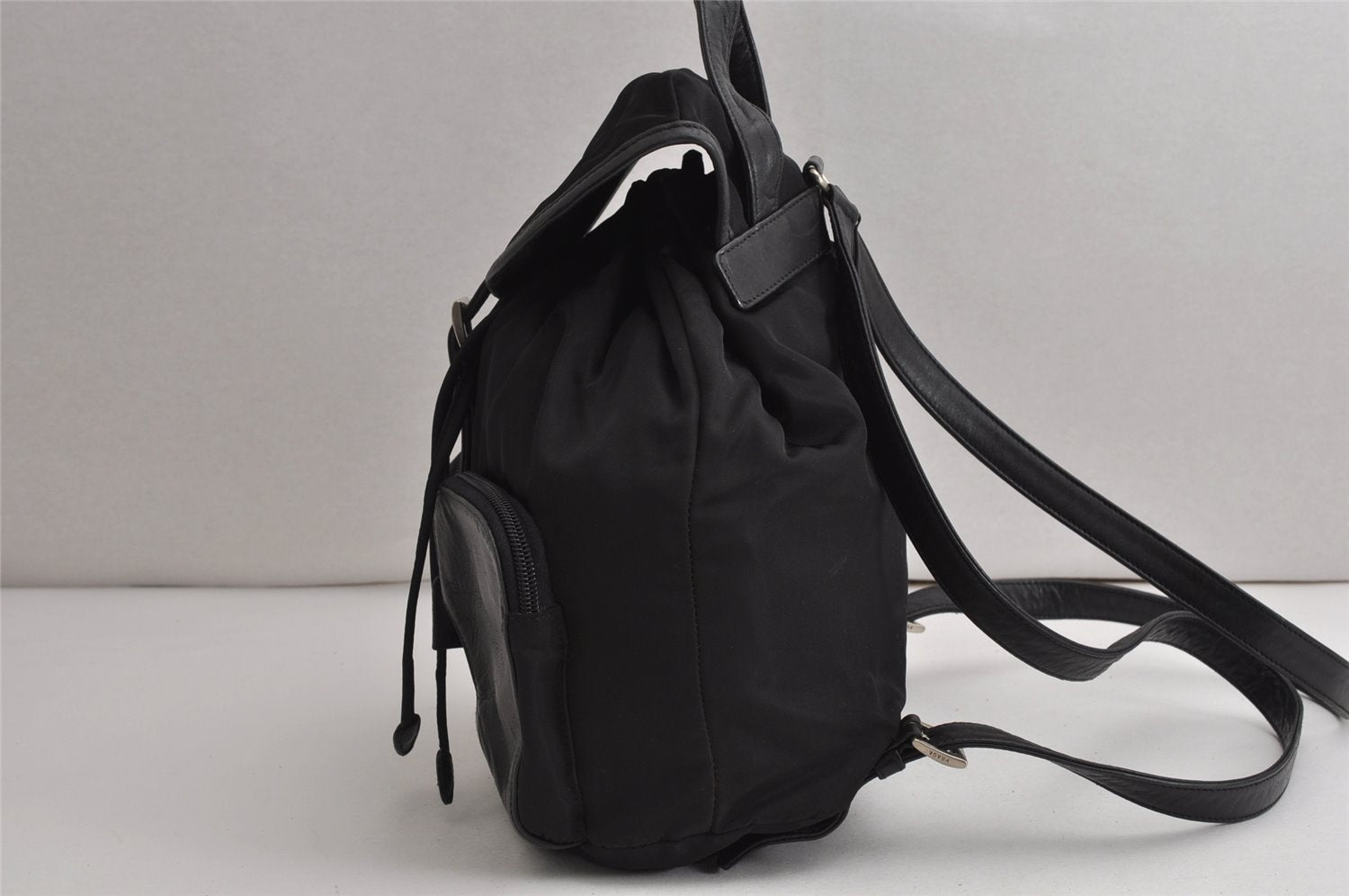 Authentic PRADA Vintage Nylon Tessuto Leather Drawstring Backpack Black 0535K