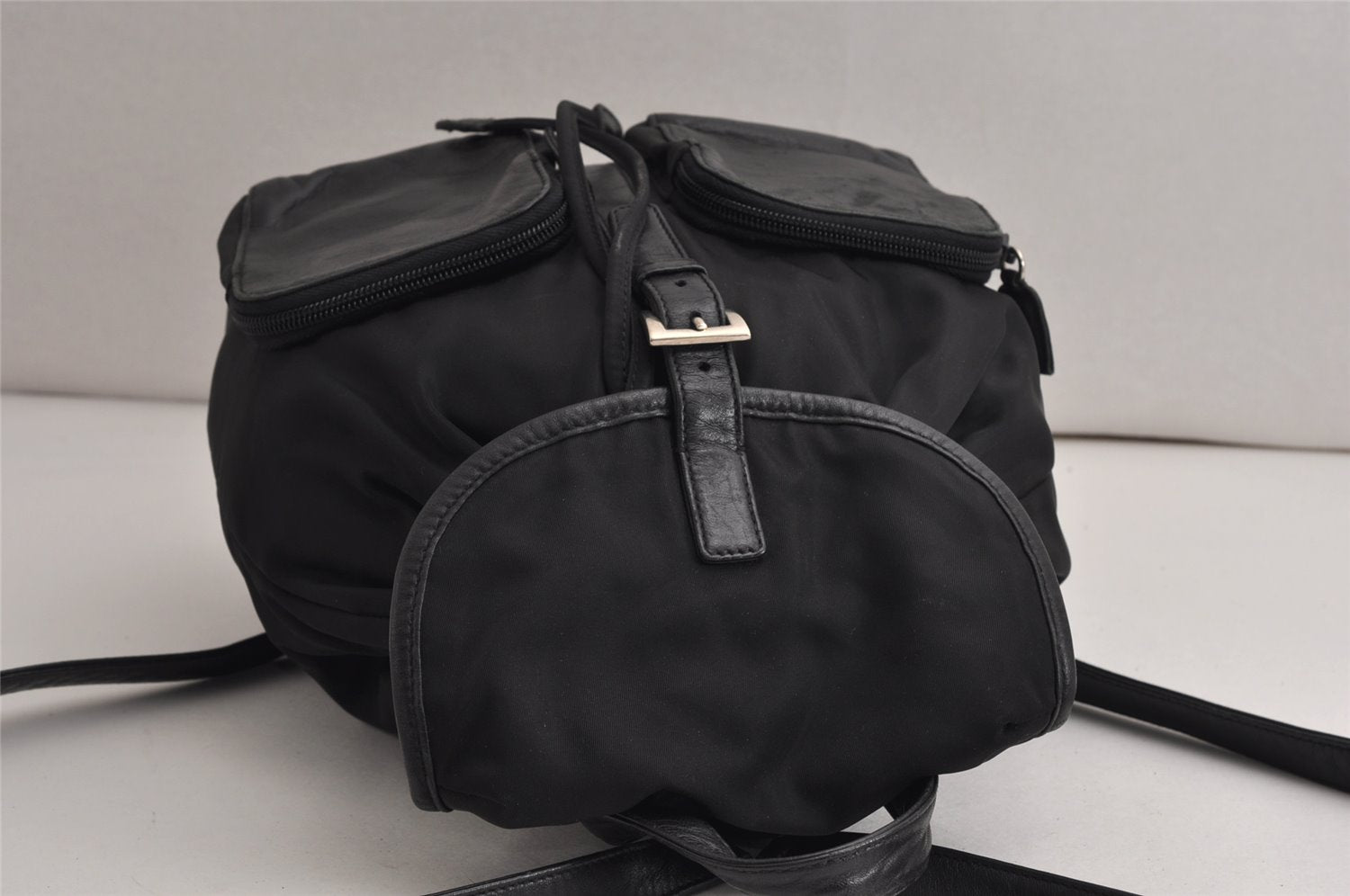 Authentic PRADA Vintage Nylon Tessuto Leather Drawstring Backpack Black 0535K