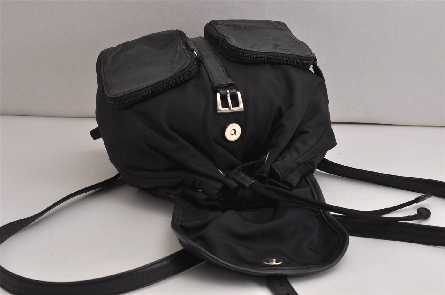 Authentic PRADA Vintage Nylon Tessuto Leather Drawstring Backpack Black 0535K
