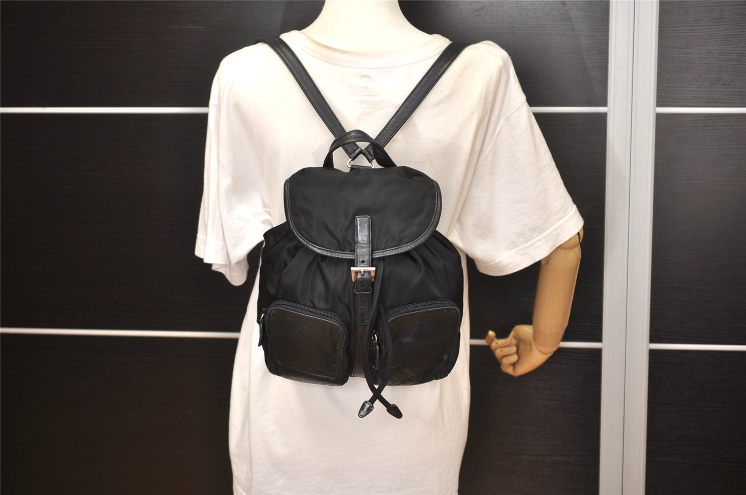 Authentic PRADA Vintage Nylon Tessuto Leather Drawstring Backpack Black 0535K