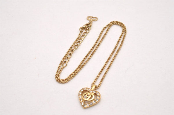 Authentic Christian Dior Gold Tone Chain Rhinestone Pendant Necklace CD 0538J