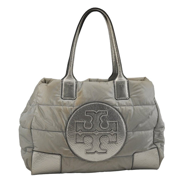 Authentic TORY BURCH Ella Nylon Leather Shoulder Tote Bag Silver 0540J