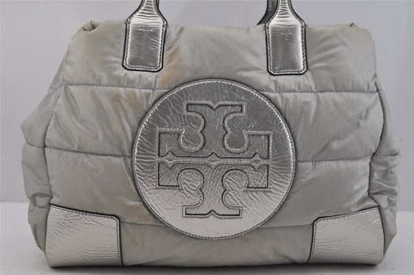 Authentic TORY BURCH Ella Nylon Leather Shoulder Tote Bag Silver 0540J