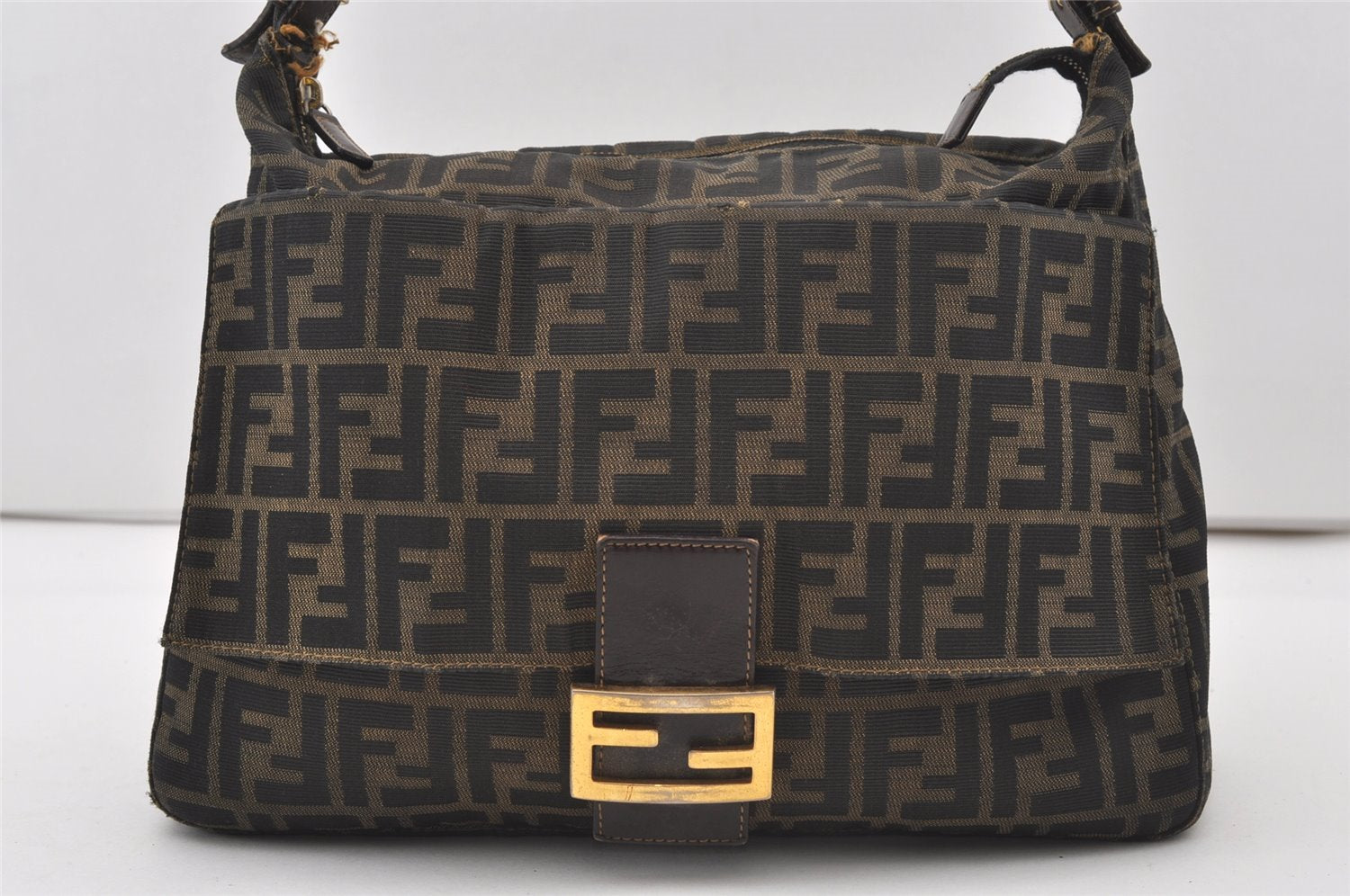 Authentic FENDI Zucca Mamma Baguette Shoulder Bag Canvas Leather Brown 0541J