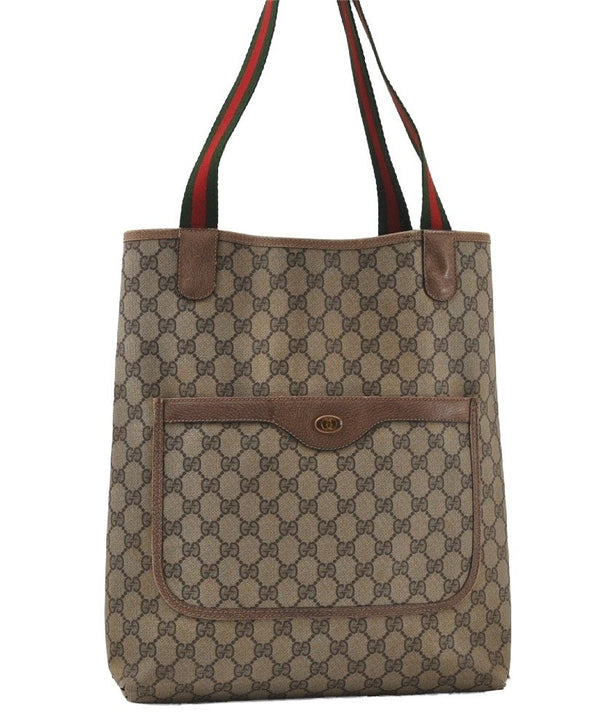 Authentic GUCCI Web Sherry Line Shoulder Tote Bag GG PVC Leather Brown 0543J