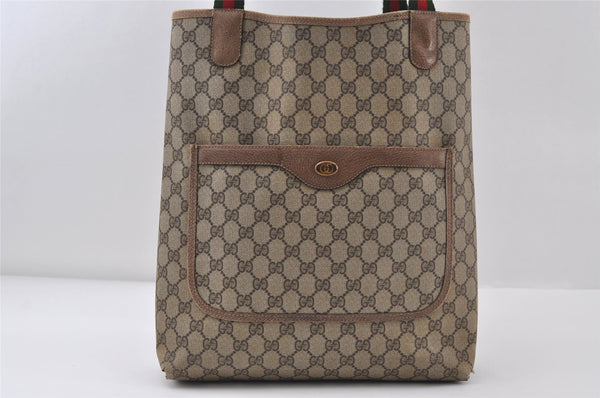 Authentic GUCCI Web Sherry Line Shoulder Tote Bag GG PVC Leather Brown 0543J