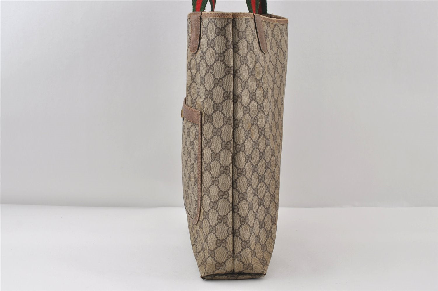 Authentic GUCCI Web Sherry Line Shoulder Tote Bag GG PVC Leather Brown 0543J