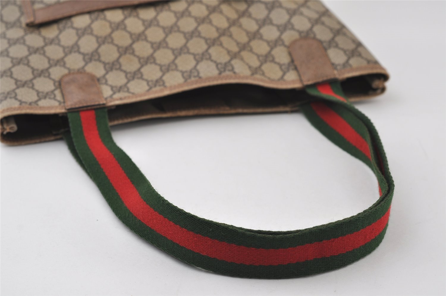 Authentic GUCCI Web Sherry Line Shoulder Tote Bag GG PVC Leather Brown 0543J