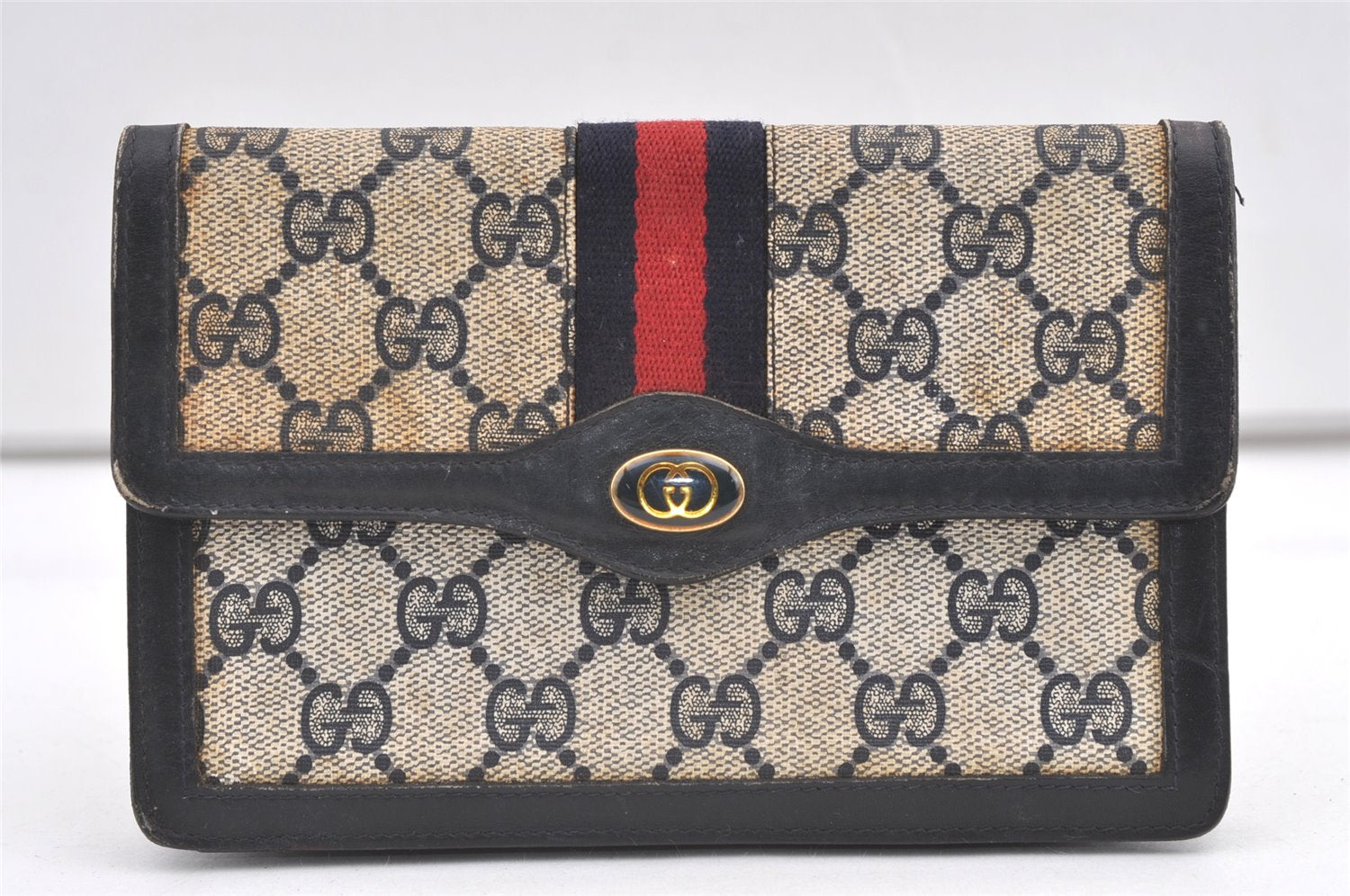 Authentic GUCCI Vintage Sherry Line Pouch Purse GG PVC Leather Navy Blue 0543K