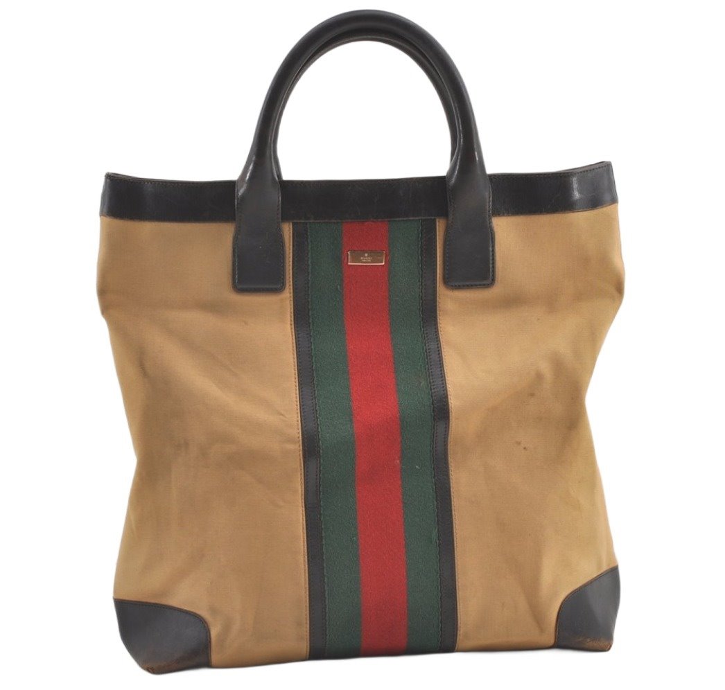 Authentic GUCCI Web Sherry Line Tote Bag Canvas Leather 0021121 Beige 0547K