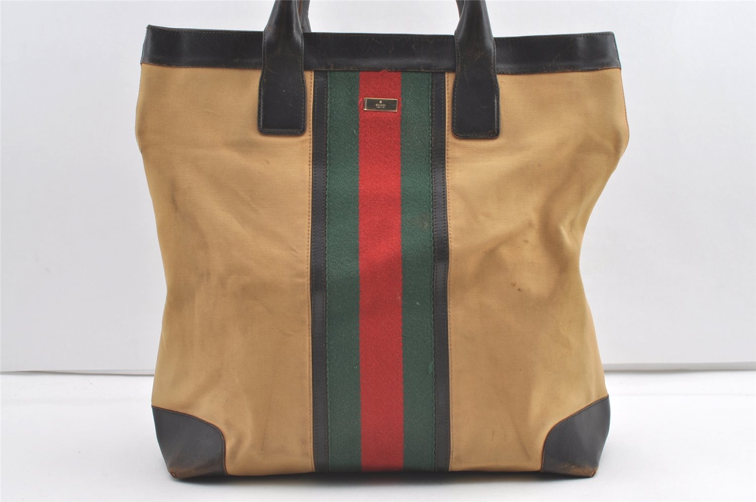 Authentic GUCCI Web Sherry Line Tote Bag Canvas Leather 0021121 Beige 0547K