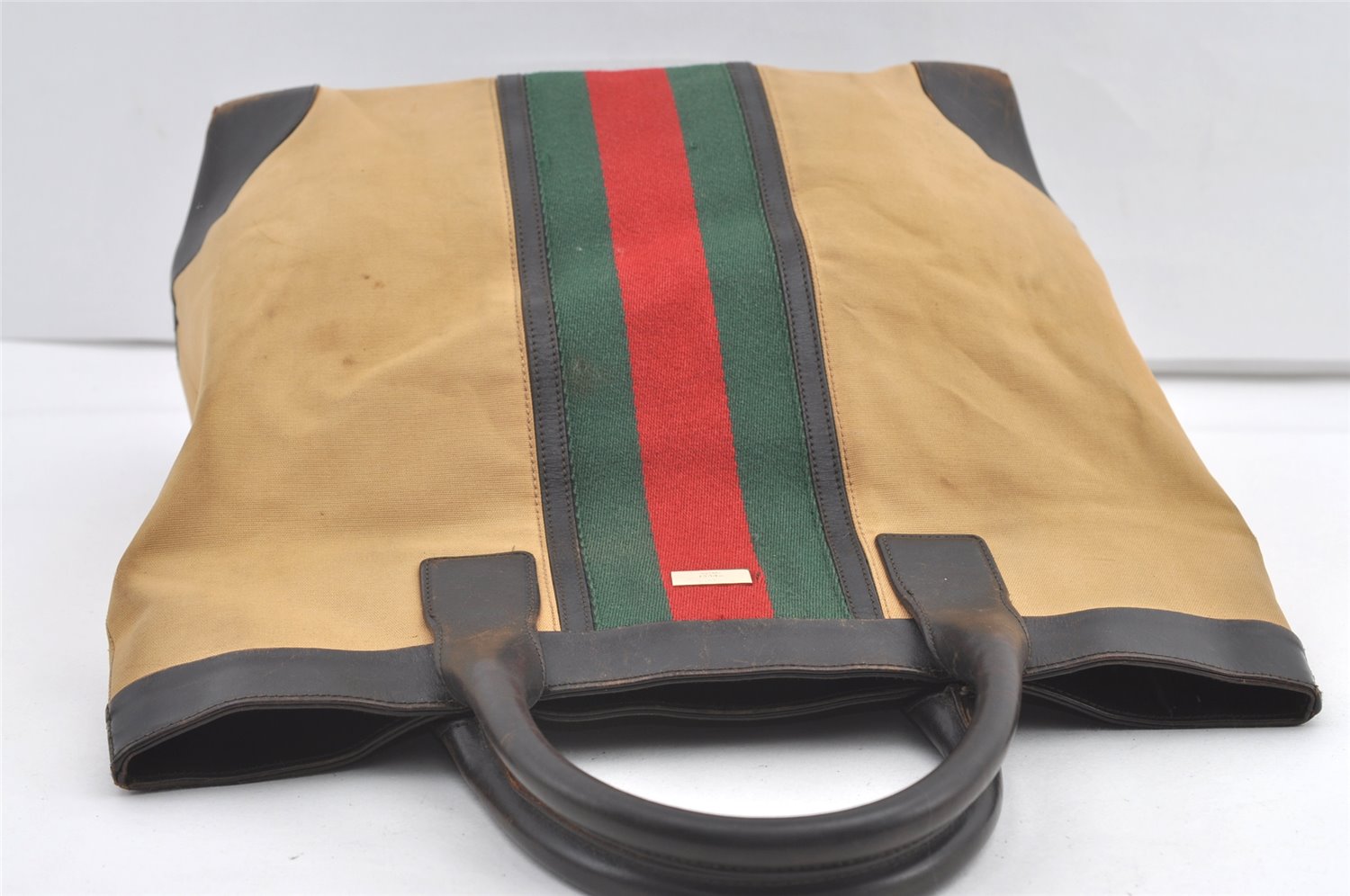 Authentic GUCCI Web Sherry Line Tote Bag Canvas Leather 0021121 Beige 0547K