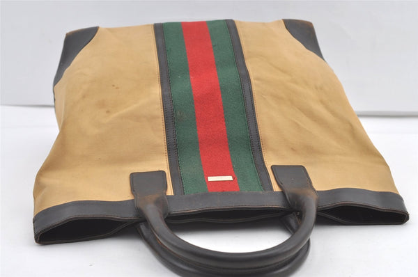 Authentic GUCCI Web Sherry Line Tote Bag Canvas Leather 0021121 Beige 0547K