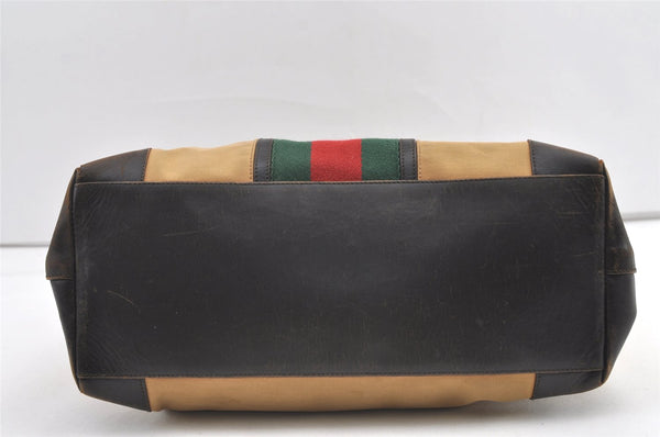 Authentic GUCCI Web Sherry Line Tote Bag Canvas Leather 0021121 Beige 0547K