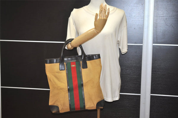 Authentic GUCCI Web Sherry Line Tote Bag Canvas Leather 0021121 Beige 0547K