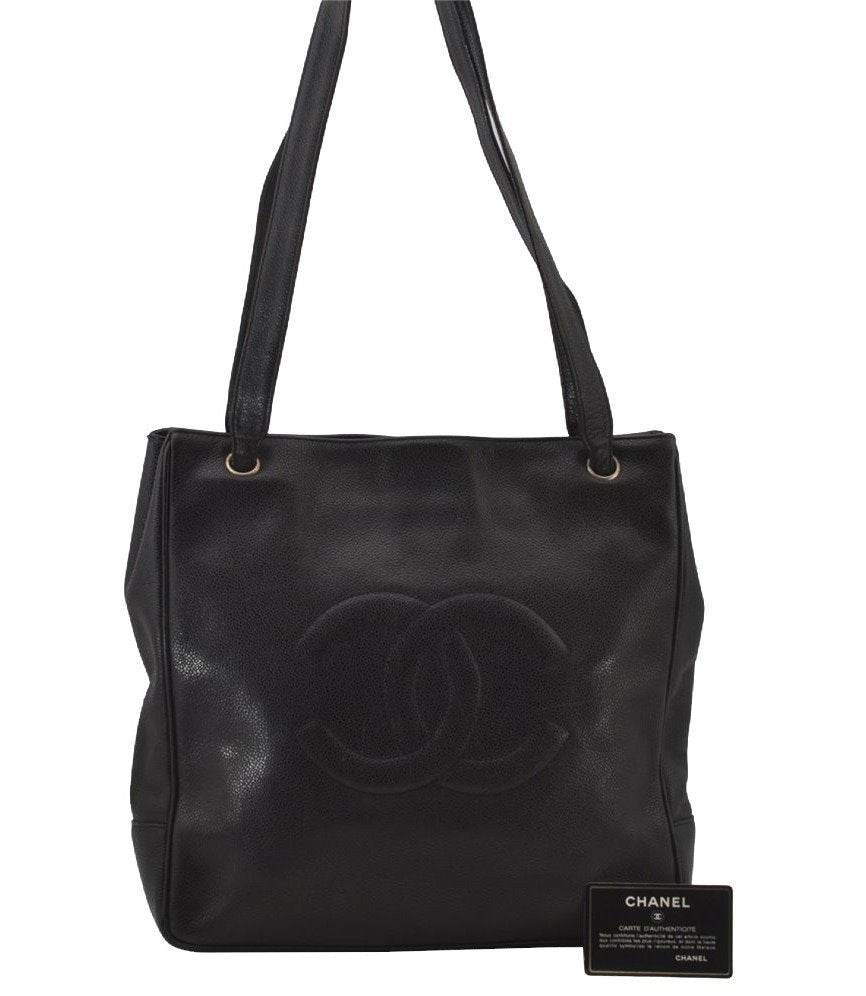 Authentic CHANEL Vintage Caviar Skin CC Logo Shoulder Tote Bag Black 0548J