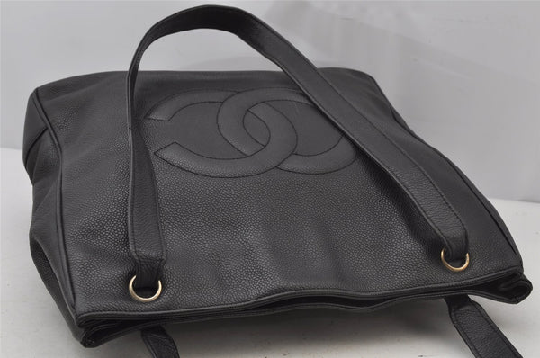 Authentic CHANEL Vintage Caviar Skin CC Logo Shoulder Tote Bag Black 0548J