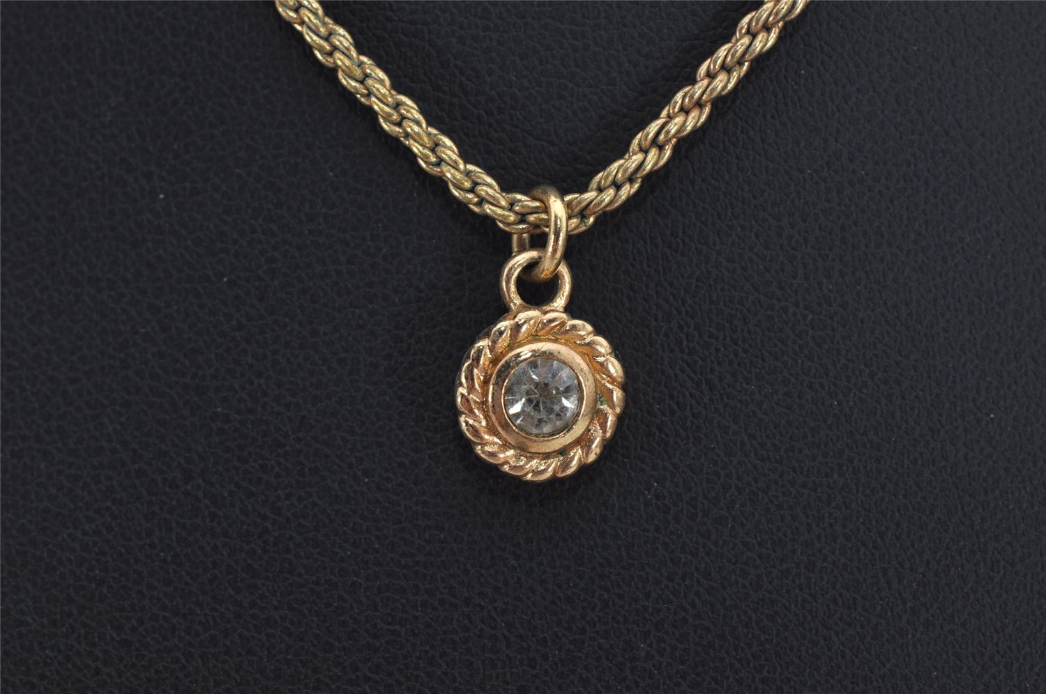 Authentic Christian Dior Gold Tone Chain Rhinestone Pendant Necklace CD 0551K