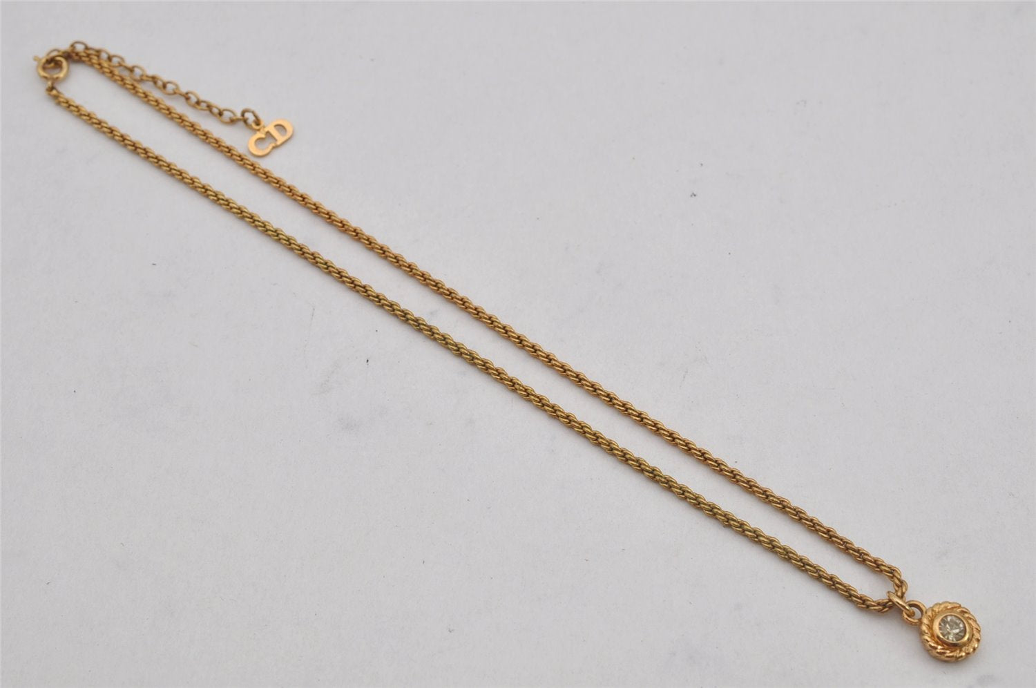 Authentic Christian Dior Gold Tone Chain Rhinestone Pendant Necklace CD 0551K