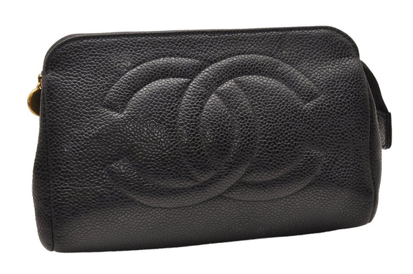 Authentic CHANEL Caviar Skin CC Logo Cosmetic Pouch Purse Black Junk 0552J