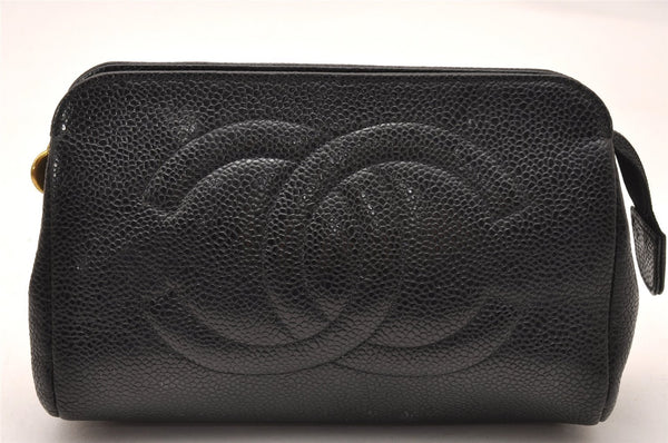 Authentic CHANEL Caviar Skin CC Logo Cosmetic Pouch Purse Black Junk 0552J