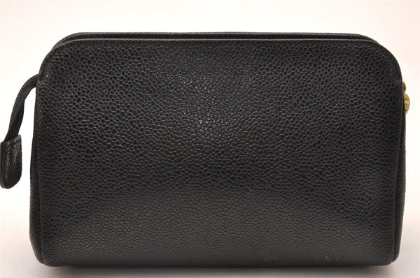 Authentic CHANEL Caviar Skin CC Logo Cosmetic Pouch Purse Black Junk 0552J