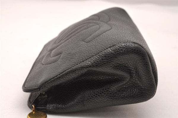 Authentic CHANEL Caviar Skin CC Logo Cosmetic Pouch Purse Black Junk 0552J
