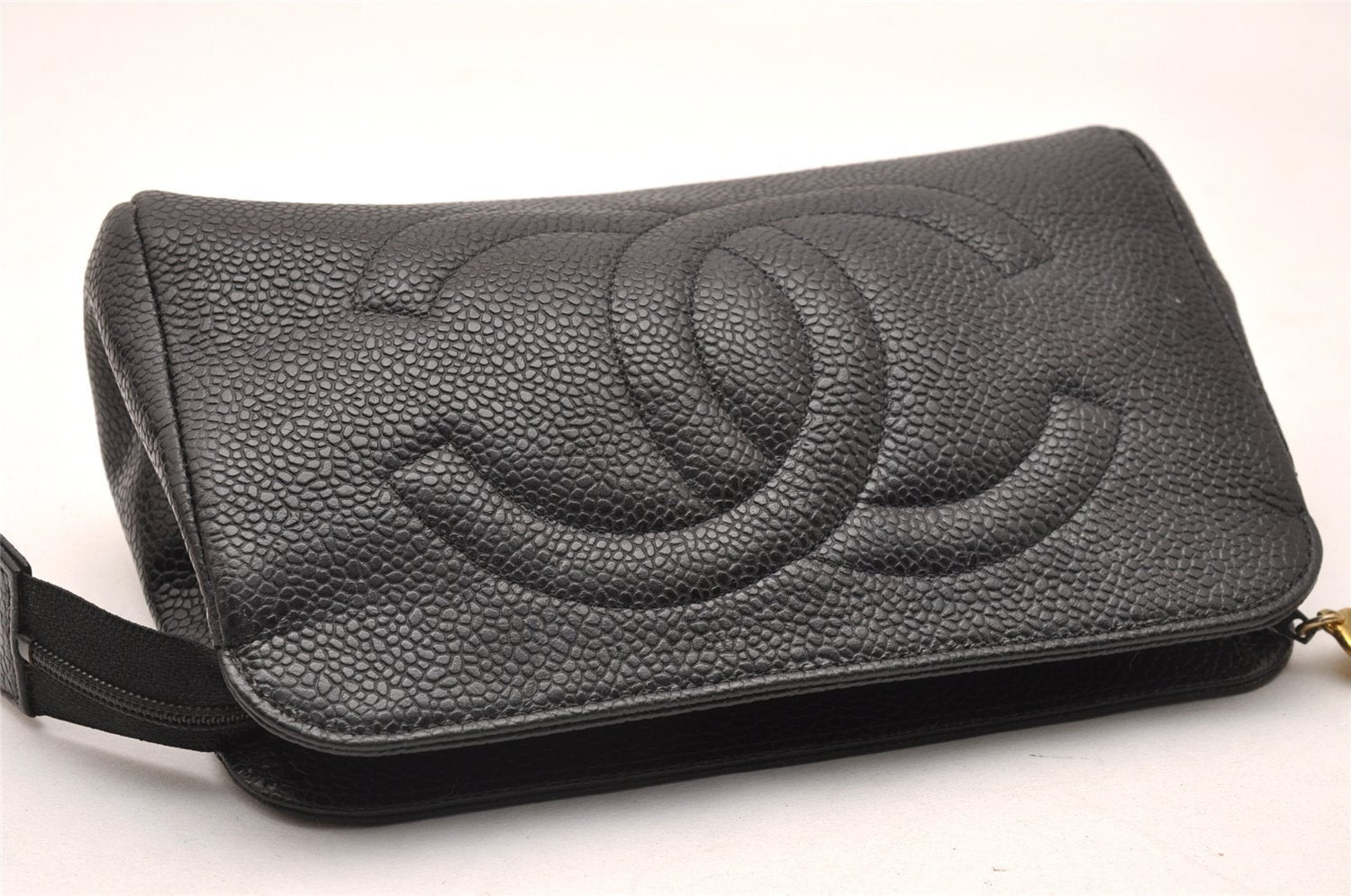 Authentic CHANEL Caviar Skin CC Logo Cosmetic Pouch Purse Black Junk 0552J