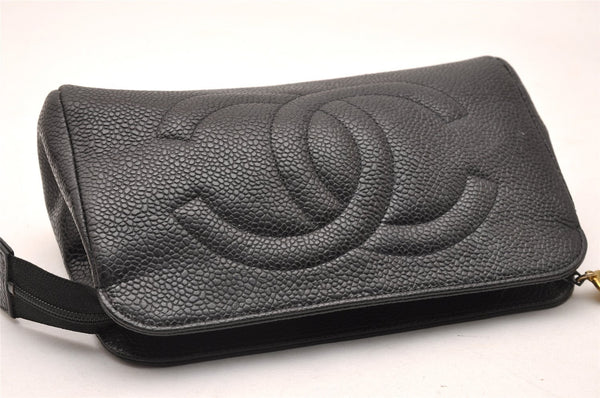Authentic CHANEL Caviar Skin CC Logo Cosmetic Pouch Purse Black Junk 0552J