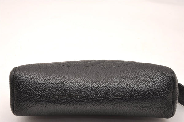 Authentic CHANEL Caviar Skin CC Logo Cosmetic Pouch Purse Black Junk 0552J