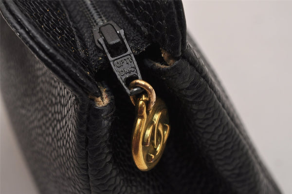 Authentic CHANEL Caviar Skin CC Logo Cosmetic Pouch Purse Black Junk 0552J