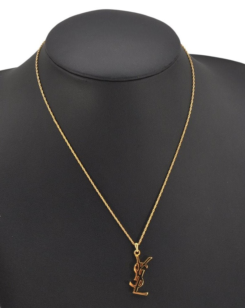 Authentic YVES SAINT LAURENT Logo Motif Necklace Chain Pendant Gold 0552K