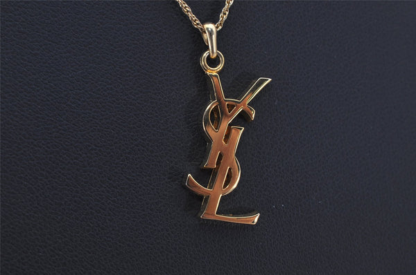 Authentic YVES SAINT LAURENT Logo Motif Necklace Chain Pendant Gold 0552K