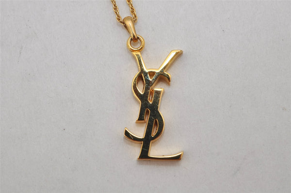 Authentic YVES SAINT LAURENT Logo Motif Necklace Chain Pendant Gold 0552K