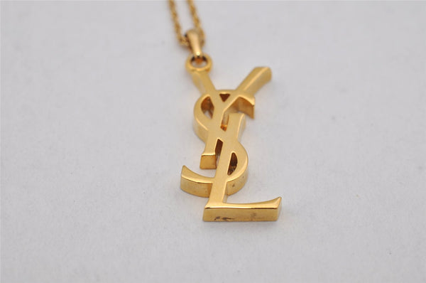 Authentic YVES SAINT LAURENT Logo Motif Necklace Chain Pendant Gold 0552K