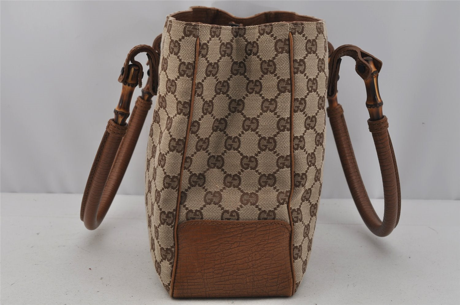 Authentic GUCCI Bamboo Shoulder Hand Bag GG Canvas Leather 112526 Brown 0553J