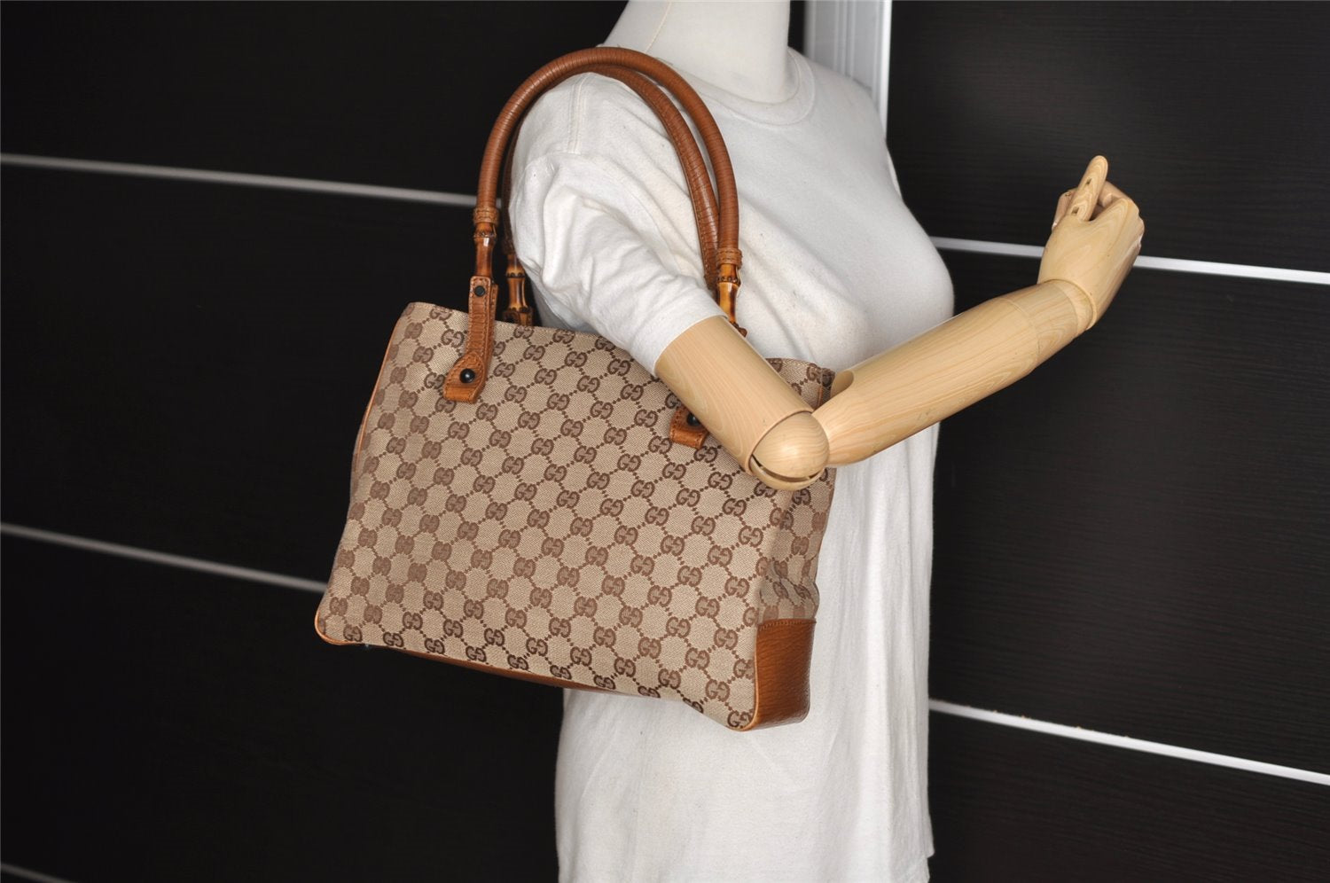 Authentic GUCCI Bamboo Shoulder Hand Bag GG Canvas Leather 112526 Brown 0553J