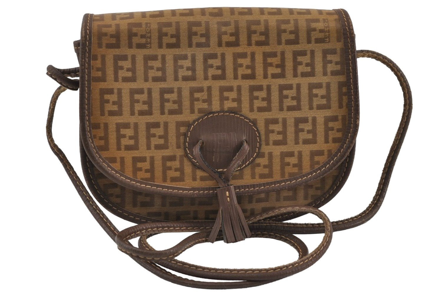 Authentic FENDI Zucchino Shoulder Cross Body Bag Purse PVC Leather Brown 0559J