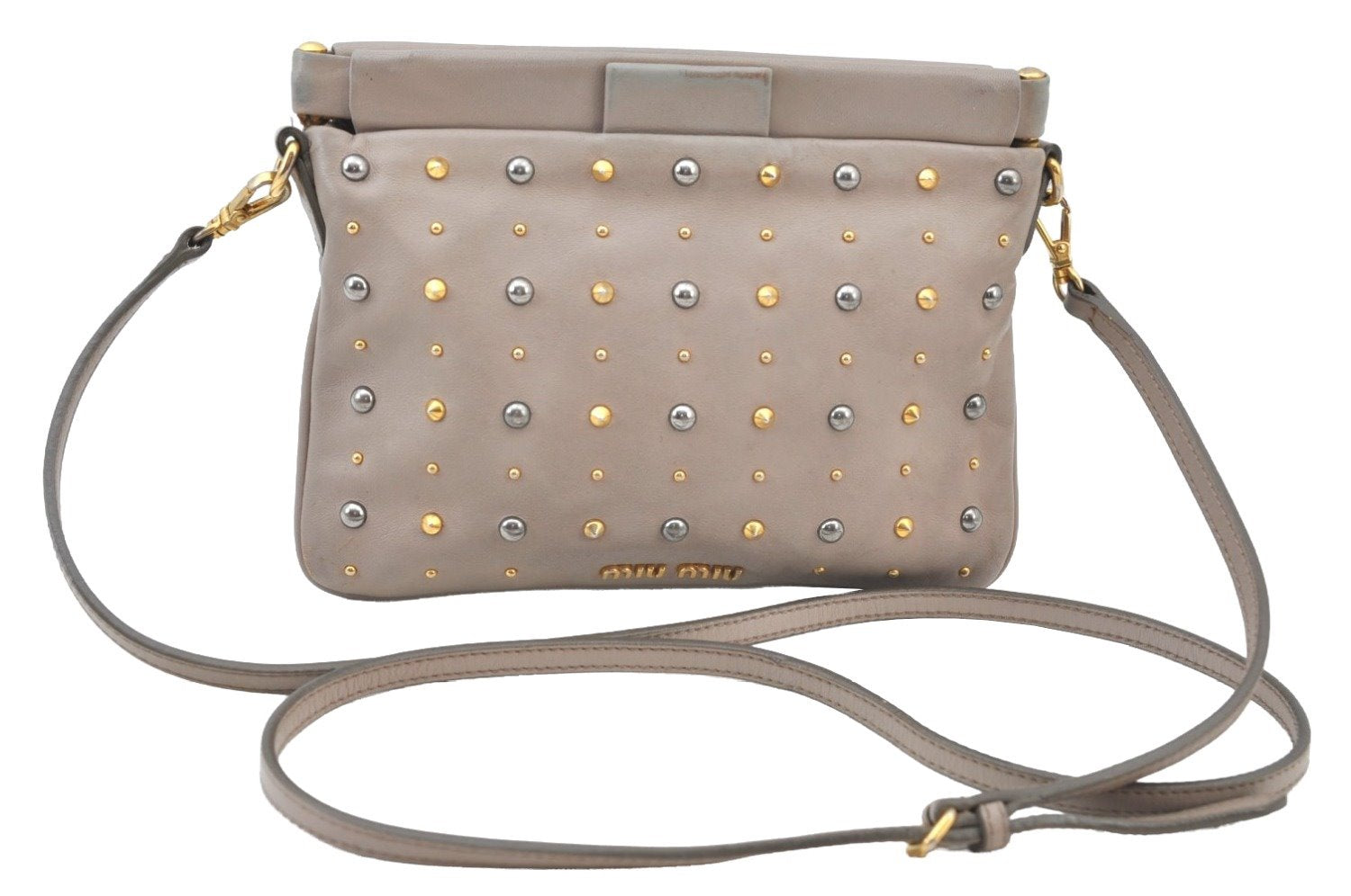 Authentic MIU MIU Studs Leather Shoulder Cross Body Bag Purse Beige 0562J