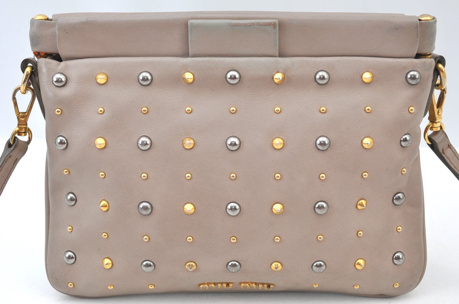 Authentic MIU MIU Studs Leather Shoulder Cross Body Bag Purse Beige 0562J