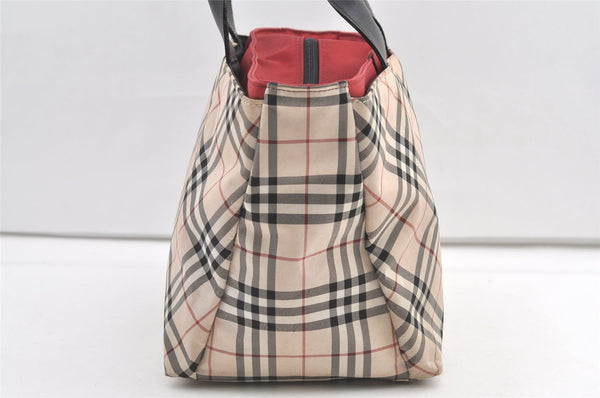 Authentic BURBERRY BLUELABEL Check Nylon Leather Tote Hand Bag Beige 0565K